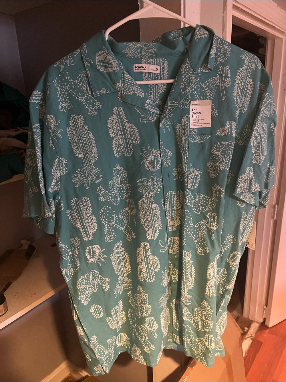 Sonoma Teal Green Cactus-Print Casual Button Down Shirt - Men
